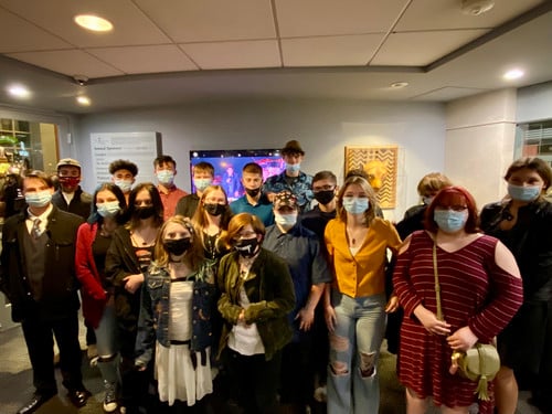 The High School Band and Choir recently took a field trip to the Fox Valley Performing Arts Center to attend the musical, "Wicked." This picture was taken before the show in the lobby of the theatre.